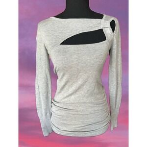 Cache Womens Heather Gray Asymmetrical Cutout Long Sleeve Ruched Knit Top Small